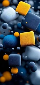 3D geometric shapes mobile wallpaper in blue, yellow, and gray tones.