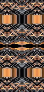 Intricate geometric abstract wallpaper design with copper hues.