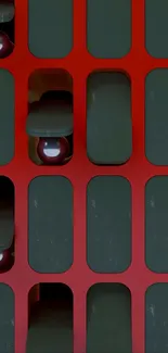 Abstract red grid wallpaper with glossy spheres.