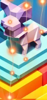 Vibrant geometric animal wallpaper with colorful 3D blocks.