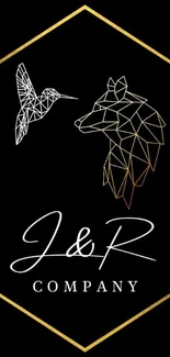 Geometric hummingbird and wolf illustration on a black background with gold accents.