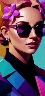 Stylized geometric art portrait of woman with sunglasses and flowers.