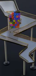 Geometric maze with colorful dice artwork.