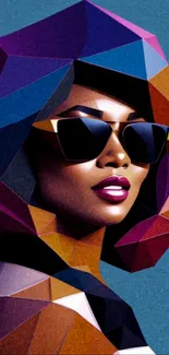 Geometric art of a woman in sunglasses on a blue background.