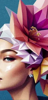 Woman with geometric floral headpiece in digital art wallpaper.