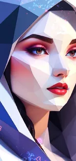 Geometric abstract art of a female portrait with vibrant colors on mobile wallpaper.