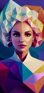 Geometric art wallpaper with vibrant colors and central female portrait.