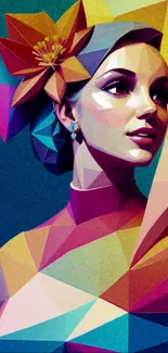 Geometric art portrait of a woman with a colorful floral headpiece.