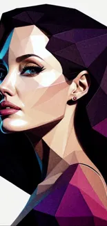 Geometric portrait in purple and pink hues with striking artistic style.