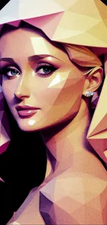 Geometric digital art portrait of a woman with vibrant colors and polygon style.