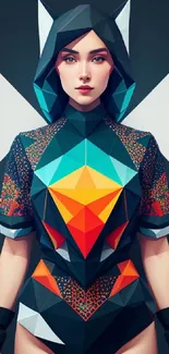 Vibrant geometric woman in colorful abstract art.