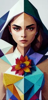 Geometric art wallpaper featuring a colorful woman portrait with abstract design.