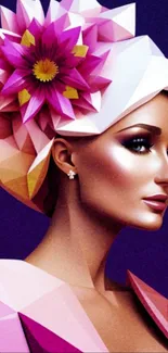 Polygonal art of a woman with flowered headpiece.