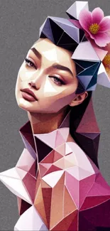 Geometric portrait wallpaper with vibrant colors and triangular shapes.