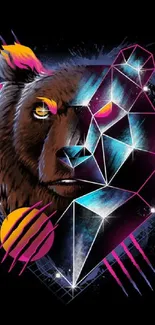 Geometric bear with neon art on a black background for mobile wallpaper.