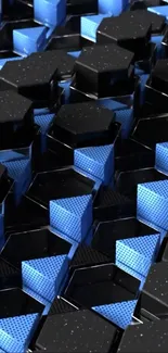 3D geometric wallpaper with black and blue hexagons.