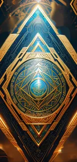 Intricate blue and gold geometric art with glowing accents for mobile wallpaper.