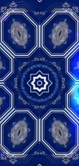 Dark blue geometric mandala pattern wallpaper.