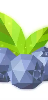 Low-poly geometric blueberries with green leaves on a white background.