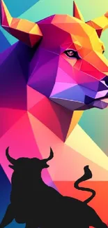 Colorful geometric bull art wallpaper with vibrant polygonal shapes.