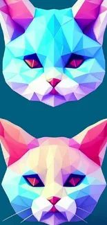 Colorful geometric cat art with vibrant teal background.