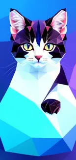 Geometric cat wallpaper with blue and purple hues.