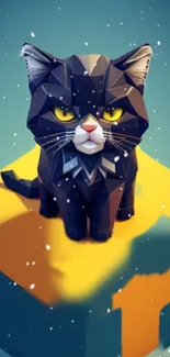 Geometric 3D black cat with yellow eyes on colorful background.