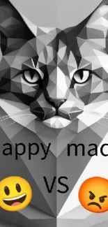 Geometric cat with happy and mad emojis in gray tones.