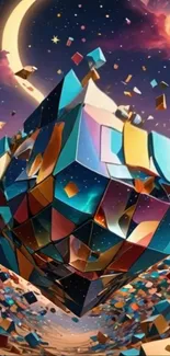 Surreal 3D geometric cube with cosmic backdrop art.
