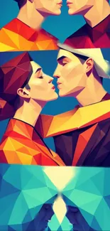 Vibrant geometric art of couple in abstract polygon design.