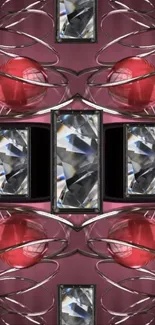 Geometric design with crystals and red spheres on a mobile wallpaper.