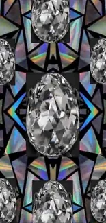 Geometric diamond and crystal abstract wallpaper with reflective patterns.