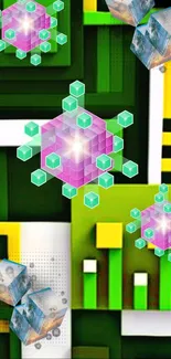 Vibrant geometric cube design wallpaper with green and yellow hues.