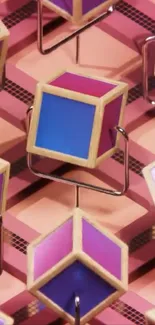Vibrant geometric cubes against a pink abstract background.
