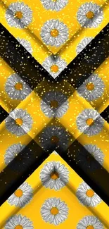 Yellow geometric pattern with white daisies mobile wallpaper.