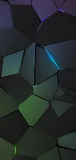 Geometric dark abstract wallpaper with colorful highlights.