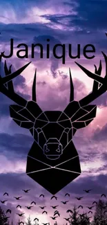 Geometric deer silhouette on purple sky background.