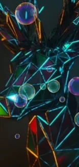 Geometric deer with neon colors and bubbles in digital art wallpaper.