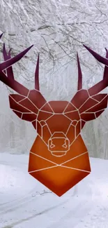 Geometric deer on snowy forest background.