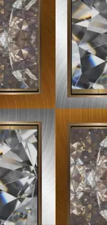 Geometric diamond pattern wallpaper with reflective surfaces.