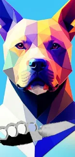 Colorful geometric art featuring a dog on sky blue background.