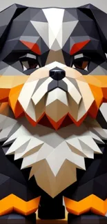 Geometric dog art wallpaper with vibrant orange and black tones.