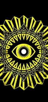 Geometric yellow eye pattern on black wallpaper.