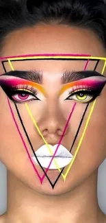 Mobile wallpaper with geometric face art and vibrant makeup.