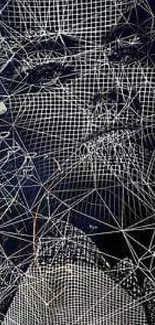 Abstract geometric face art wallpaper with wireframe design in dark tones.