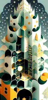 Geometric fantasy art wallpaper with teal and orange abstract shapes.