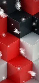 Vibrant 3D cubes with feathers and light bursts in red, black, and white.