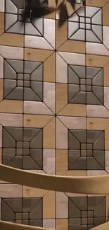 Geometric tile pattern wallpaper in brown tones.