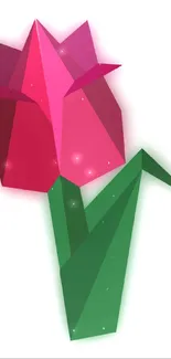 Geometric origami flower in pink and green on wallpaper.