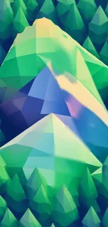 Geometric mountain with forest in vibrant green tones wallpaper.